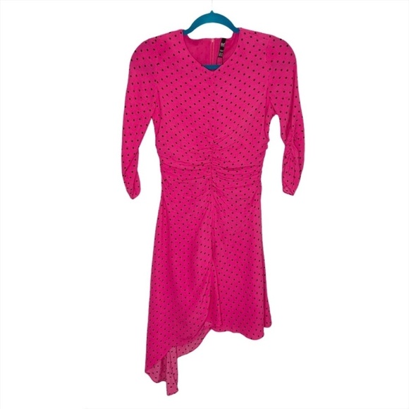 Zara Trafaluc Bright Pink Polka Dot Ruched Asymmetrical Dress - Picture 2 of 16